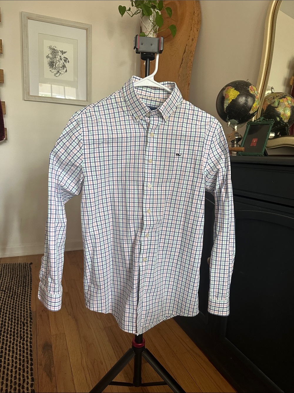🫐3/ $25 SALE - Vineyard Vines BOYS White Plaid Button-Down Shirt size 16